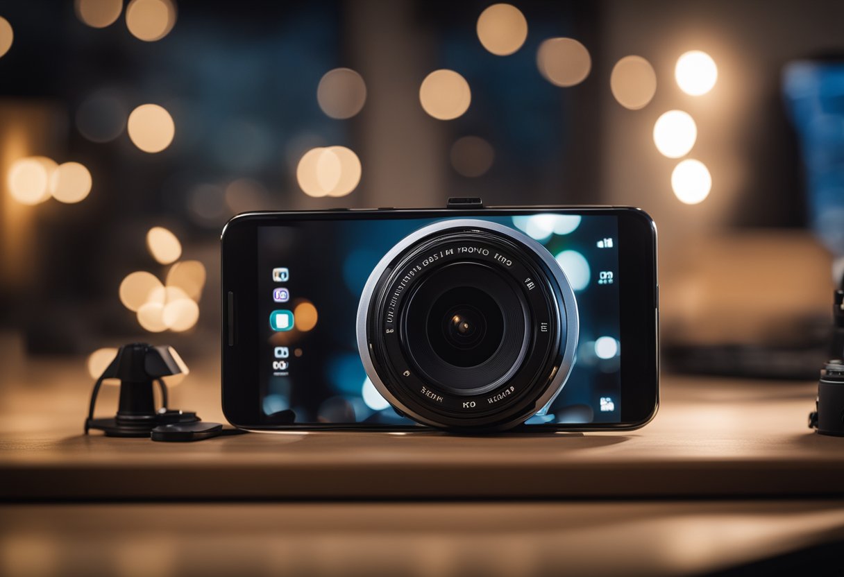 A smartphone placed on a desk, surrounded by props like lights and a tripod. A YouTube logo displayed on the screen