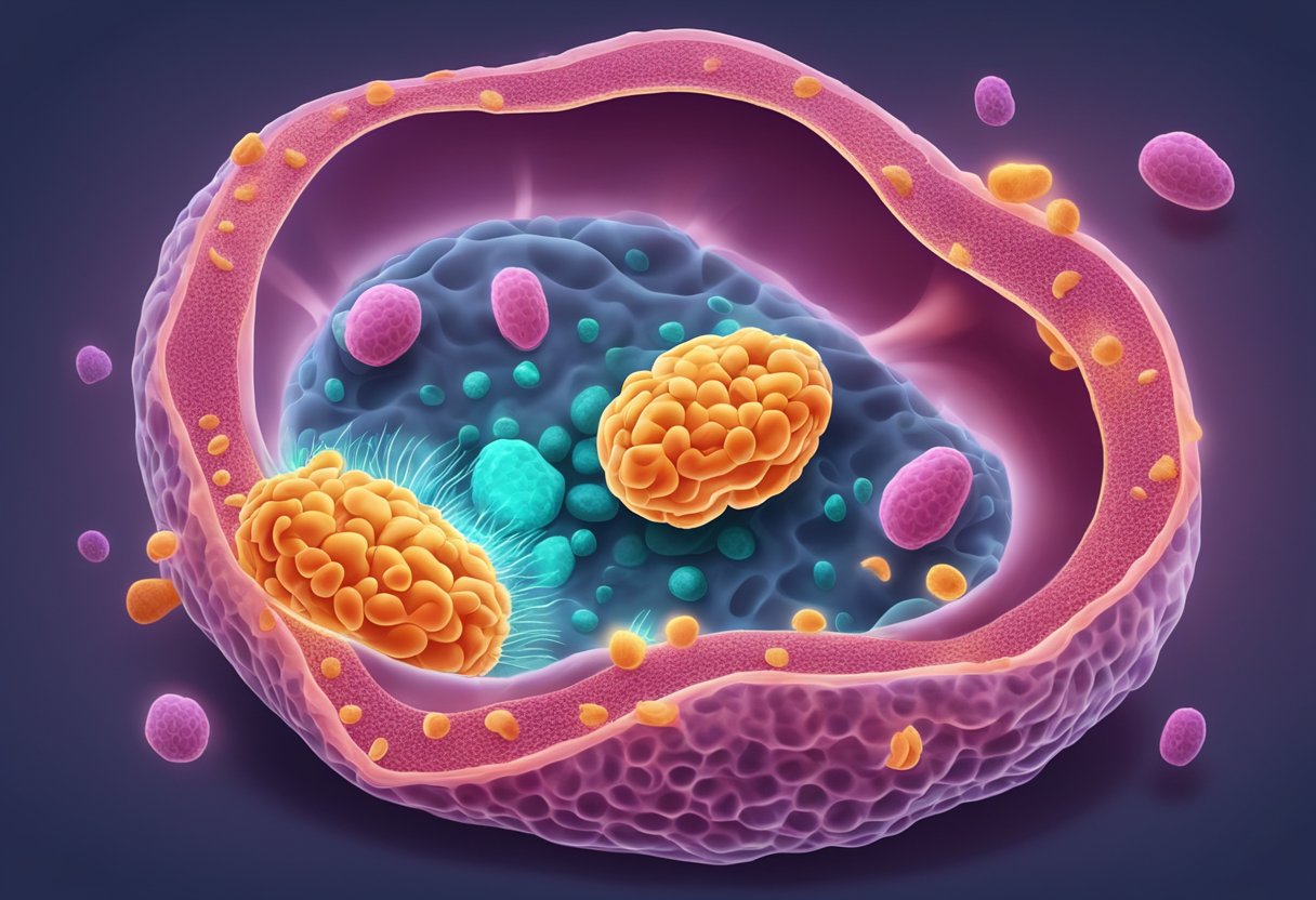 A cell with damaged mitochondria being engulfed by autophagosomes, while healthy mitochondria continue to function and produce energy