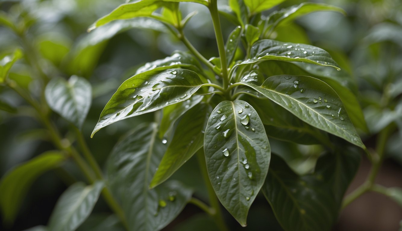 Pepper plants show signs of insect infestation with holes in leaves and visible insects on the stems and leaves
