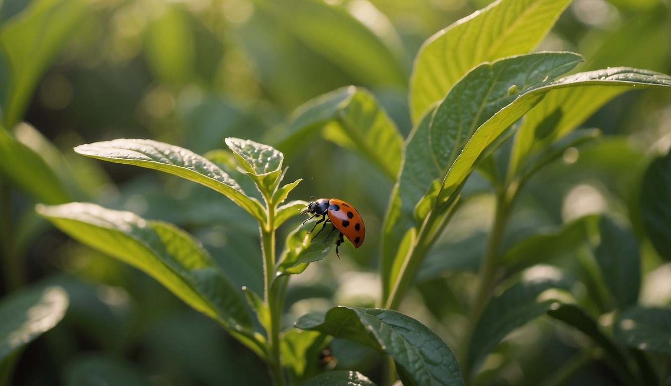 Insects swarm around pepper plants, while ladybugs and praying mantises hunt and feed on them, providing biological and organic control