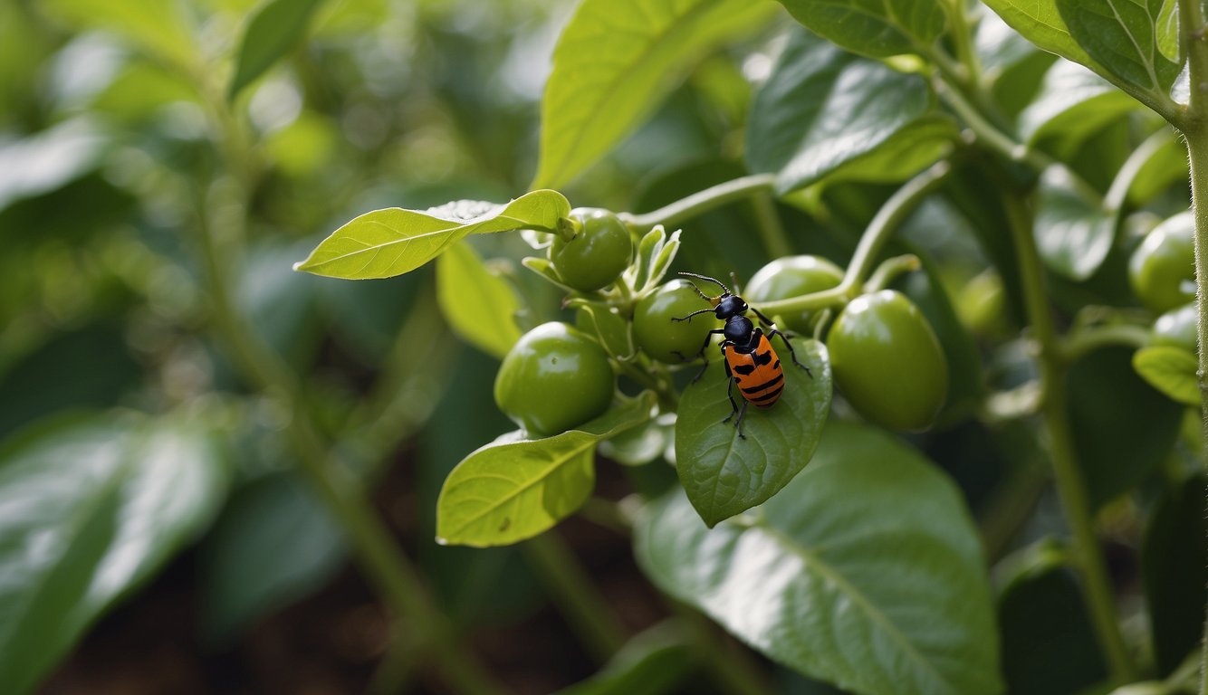 Insects swarm around pepper plants, feeding on leaves and stems, causing damage to the crop and impacting yield and quality