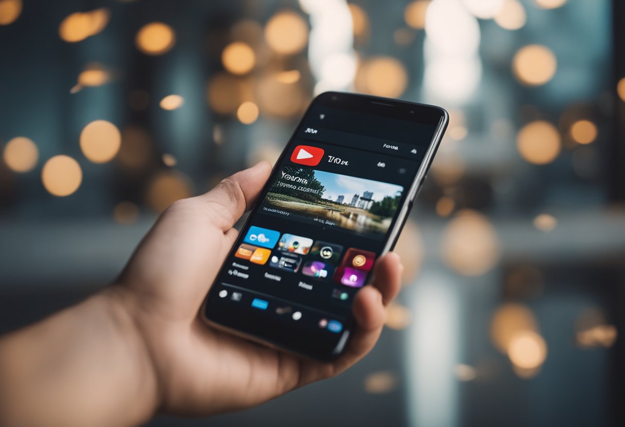 A smartphone with a YouTube channel open, displaying monetization options and partnership tips. A hand holding a phone with a money symbol on the screen