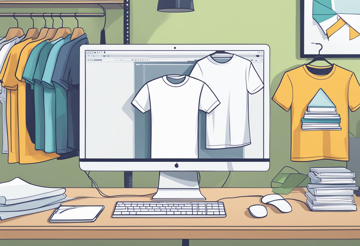 A computer screen with Kittl software open, Shopify website on another tab, and a stack of blank t-shirts ready for design