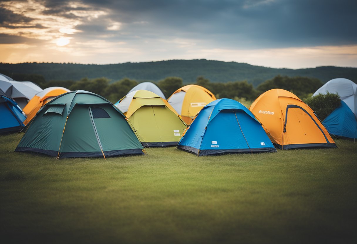 A group of camping tents displayed with labels listing selection criteria for the best camping tent