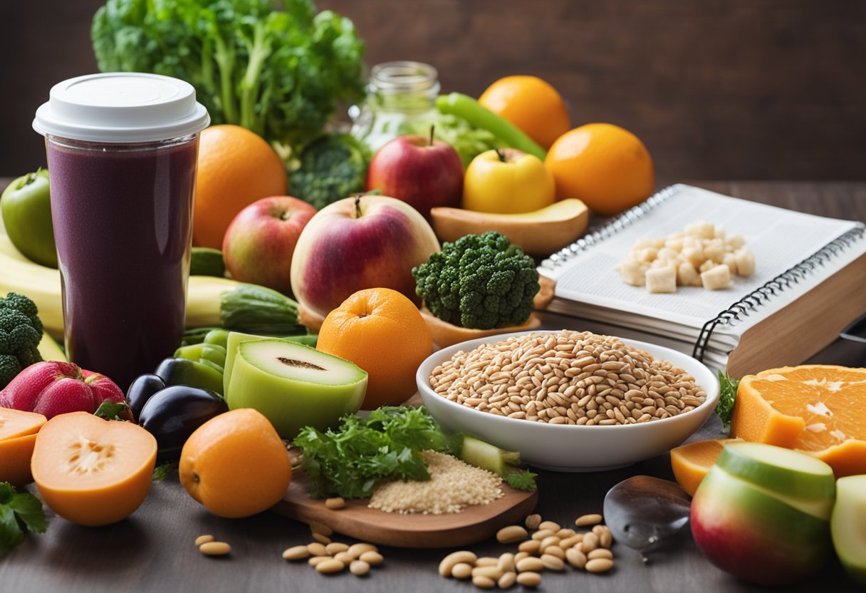 A colorful array of fruits, vegetables, whole grains, and lean proteins arranged on a table, with a kidney health guidebook open nearby