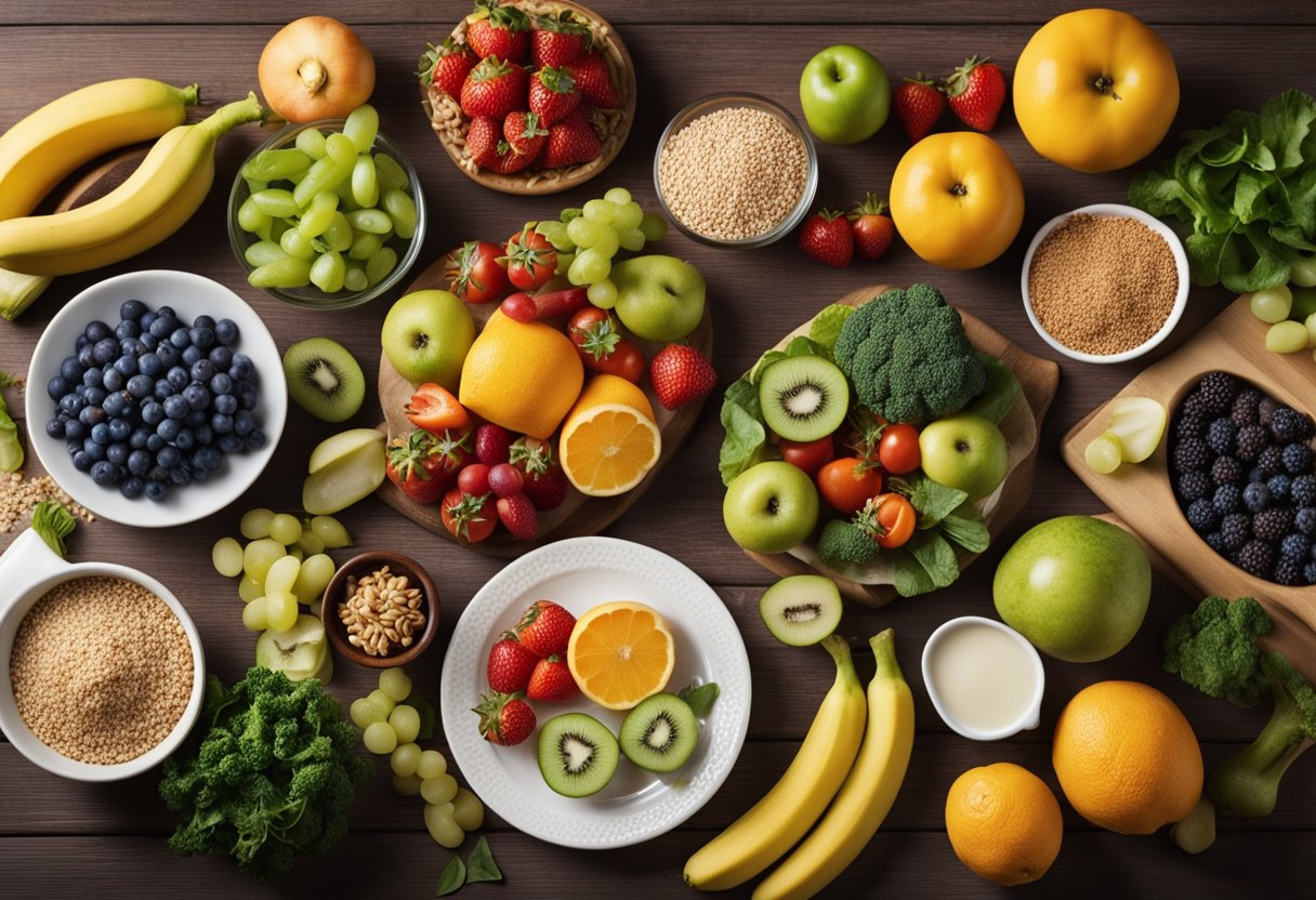 A table with various healthy food options and lifestyle choices for kidney health. Fruits, vegetables, whole grains, and exercise equipment are displayed