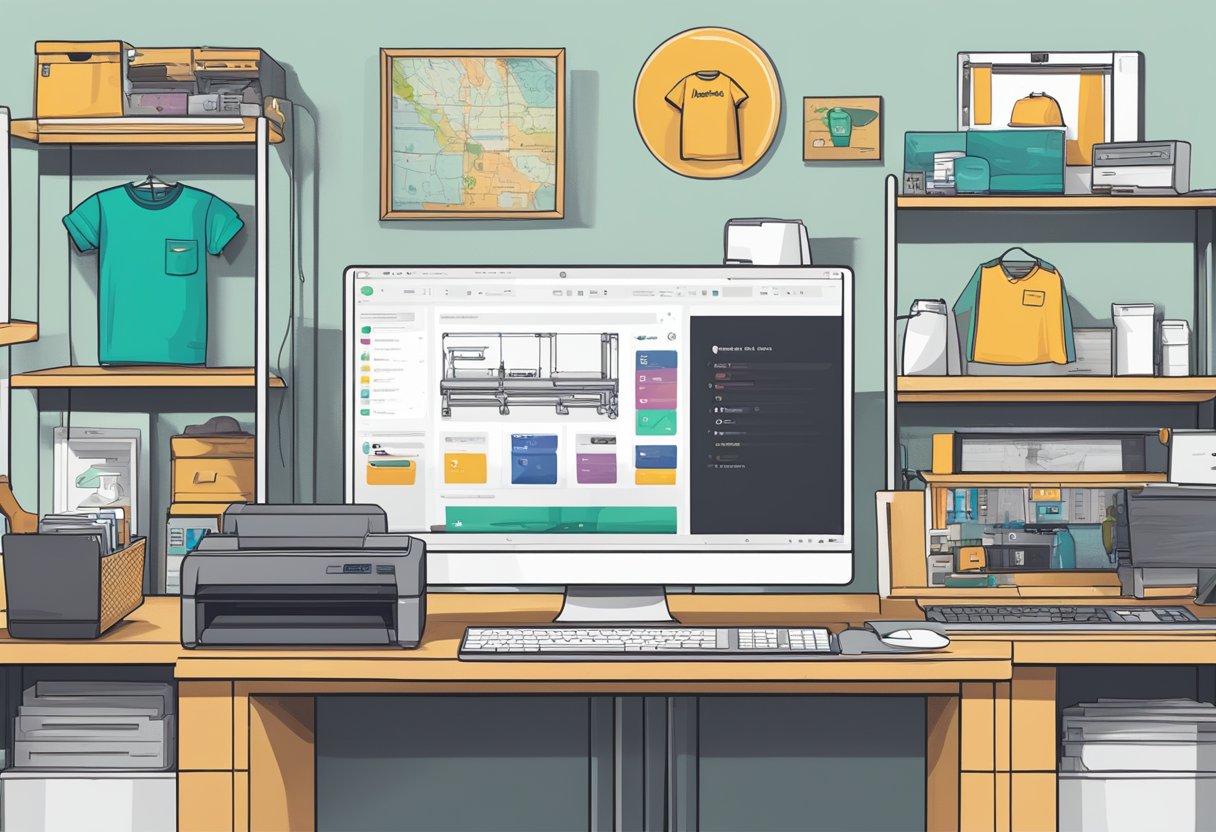 A computer screen with a Shopify dashboard open, a selection of t-shirt designs on Kittl software, and a printer ready to produce print on demand products