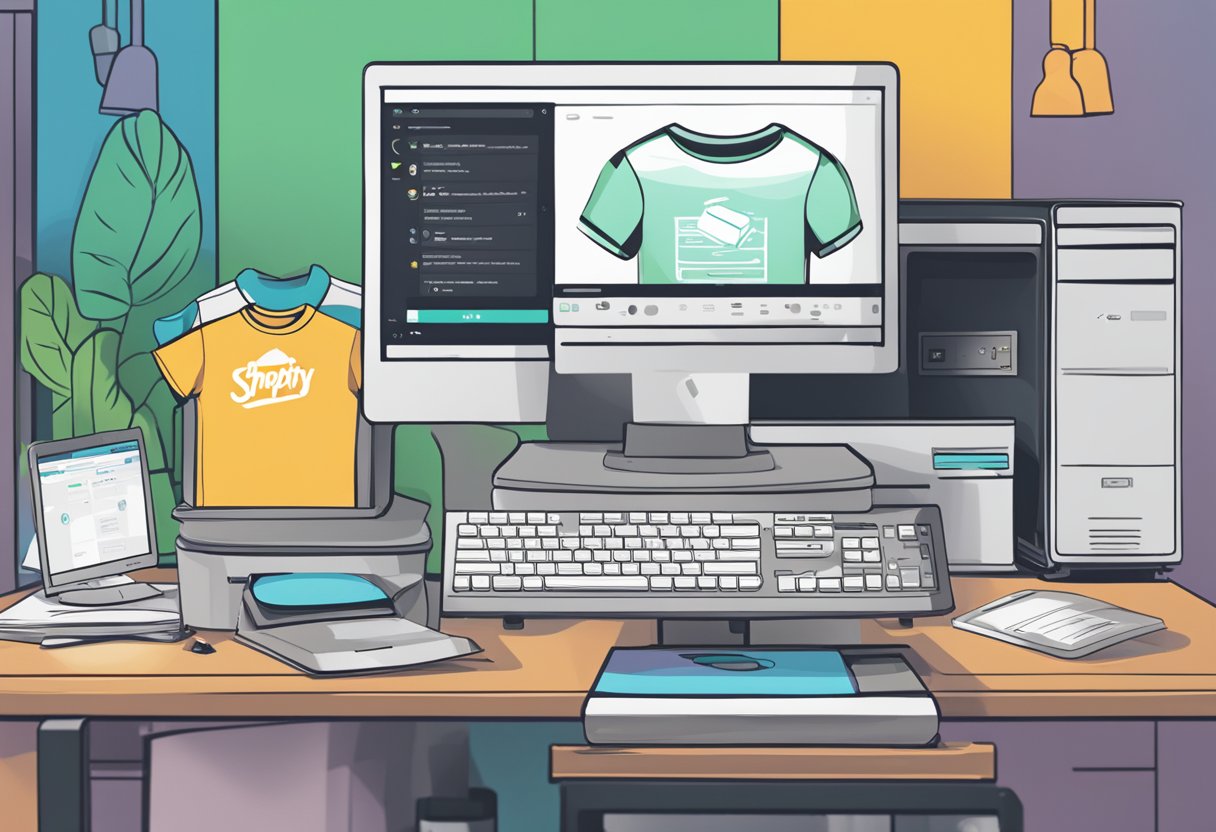 A computer with Shopify open, displaying t-shirt designs and Kittl software. Printer and blank t-shirts nearby