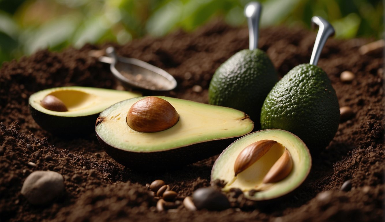 Avocado seeds in soil, surrounded by gardening tools and watering can