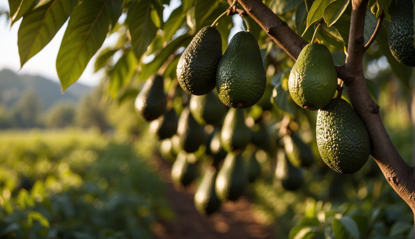 Avocado trees in a lush orchard, ripe fruit being carefully picked and sorted for post-harvest processing