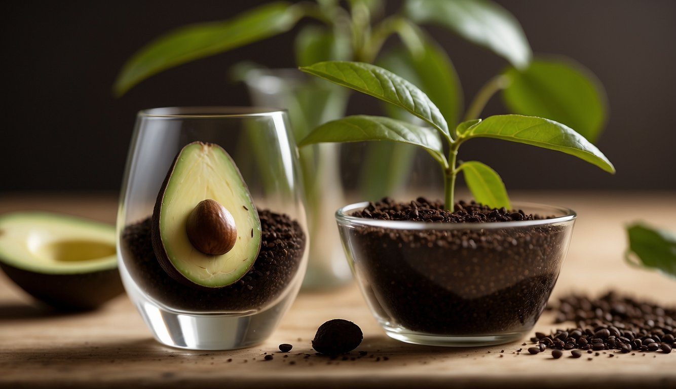 A small avocado seed sits in a glass of water, surrounded by a pile of rich soil. A small measuring stick shows the passage of time as the seed begins to sprout and grow into a healthy avocado plant