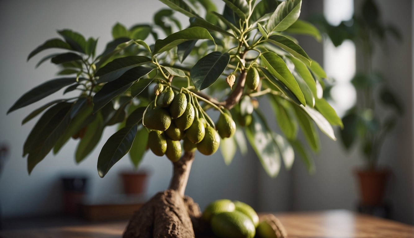 An avocado tree grows tall, its branches heavy with ripe fruit. A calendar on the wall shows the passing of time, from seed to harvest