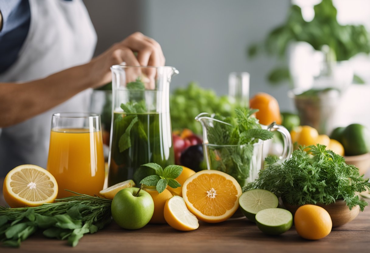 A table with various fruits, vegetables, and herbs, along with a glass of water and a pitcher. A person can be seen preparing natural remedies for dehydration