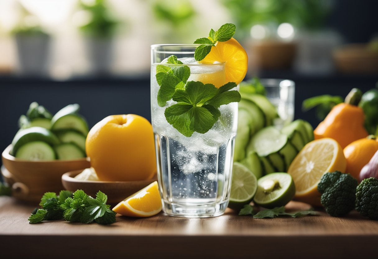 A glass of water surrounded by various fruits and vegetables, with a list of home remedies for dehydration in the background