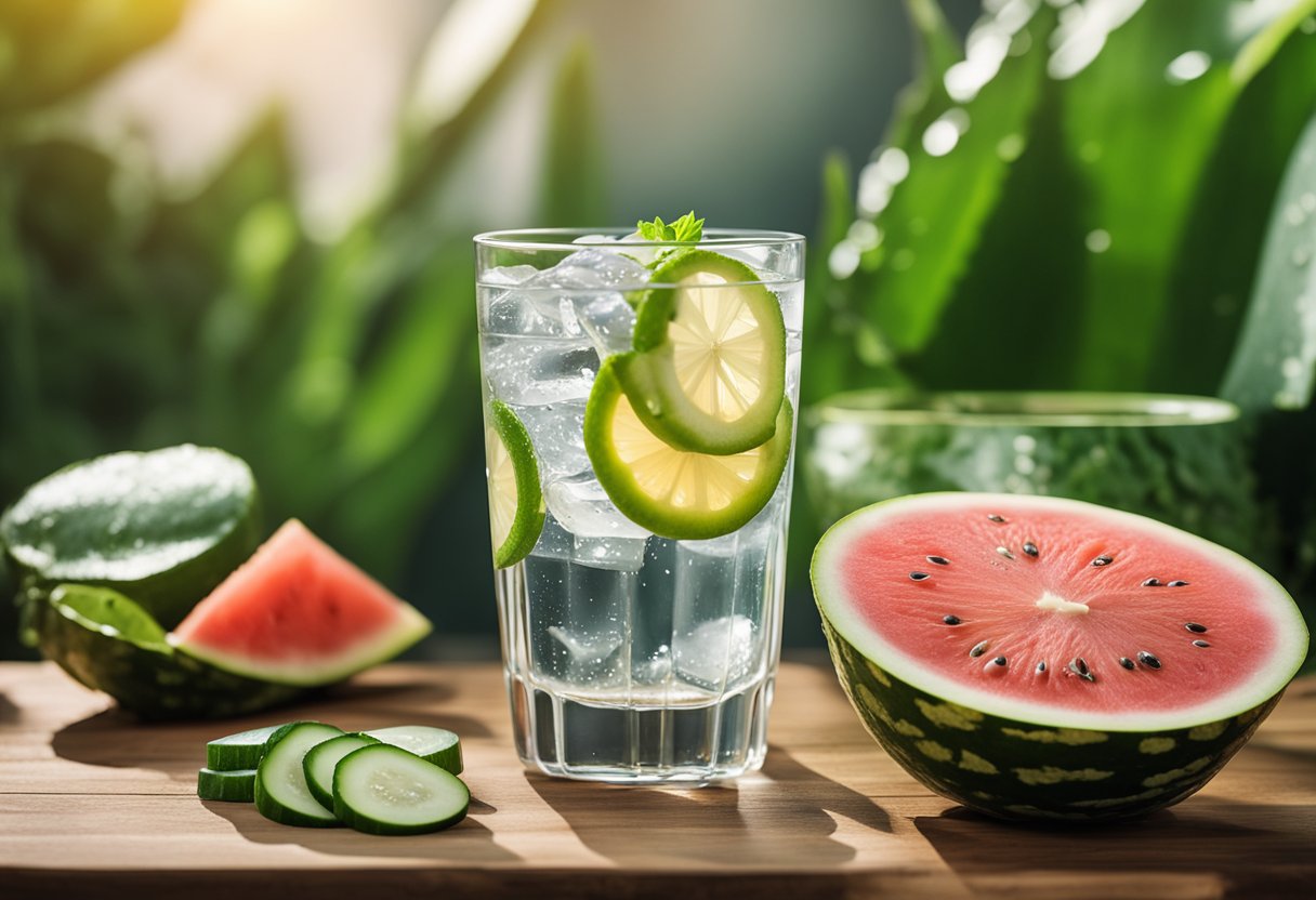 A glass of water with slices of lemon and cucumber on a wooden table, surrounded by aloe vera leaves and a bowl of watermelon chunks