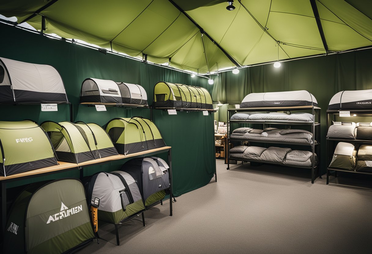 A variety of family tents are displayed in a camping store. Different sizes and styles are showcased, with labels indicating their features