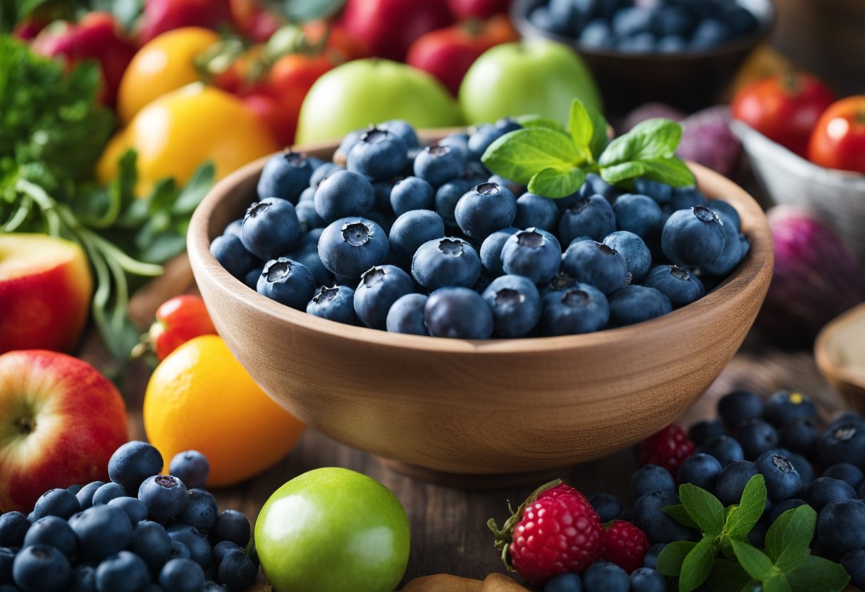 A bowl of fresh blueberries surrounded by a variety of colorful fruits and vegetables, with a vibrant background of a sunny outdoor market or a lush garden