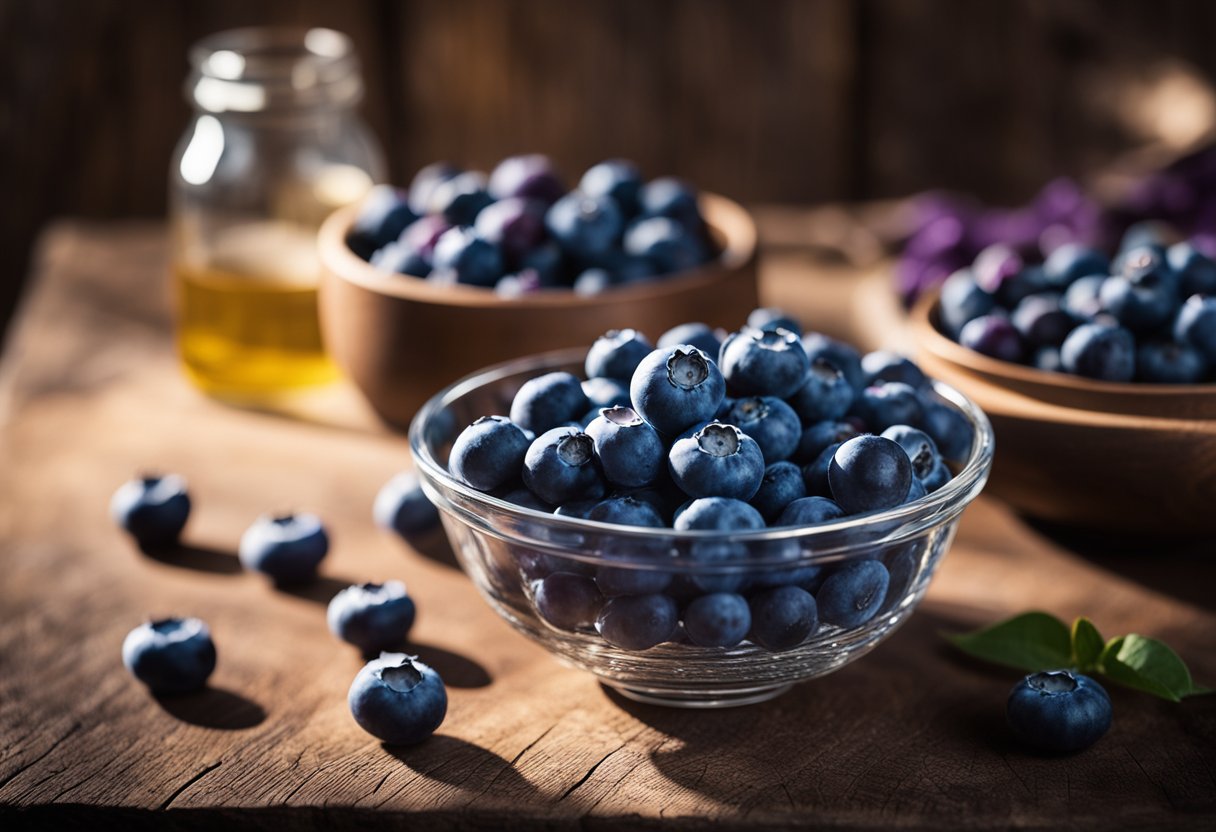 A bowl of fresh blueberries sits on a rustic wooden table, with rays of sunlight streaming in, highlighting their vibrant purple hue