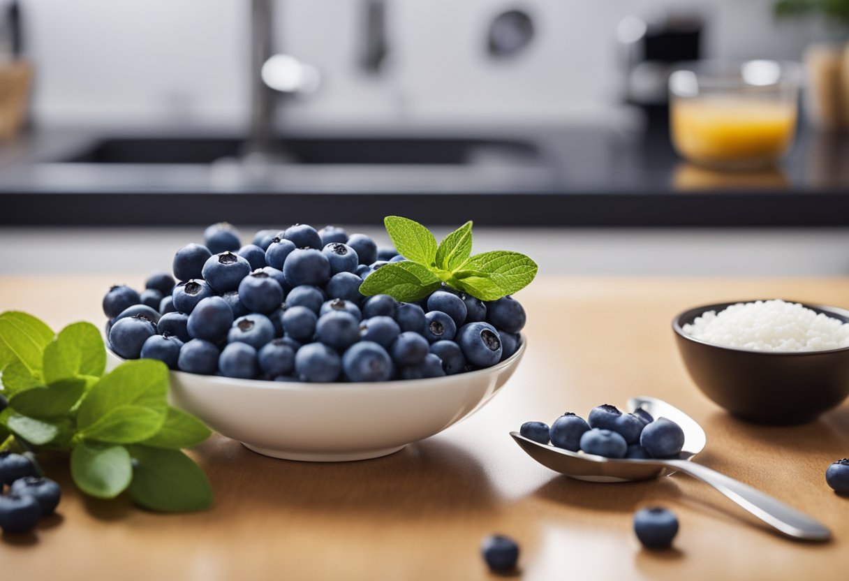 A bowl of blueberries sits on a kitchen counter, surrounded by other healthy foods. A glass of water and a measuring spoon are nearby, suggesting preparation for a nutritious meal or snack