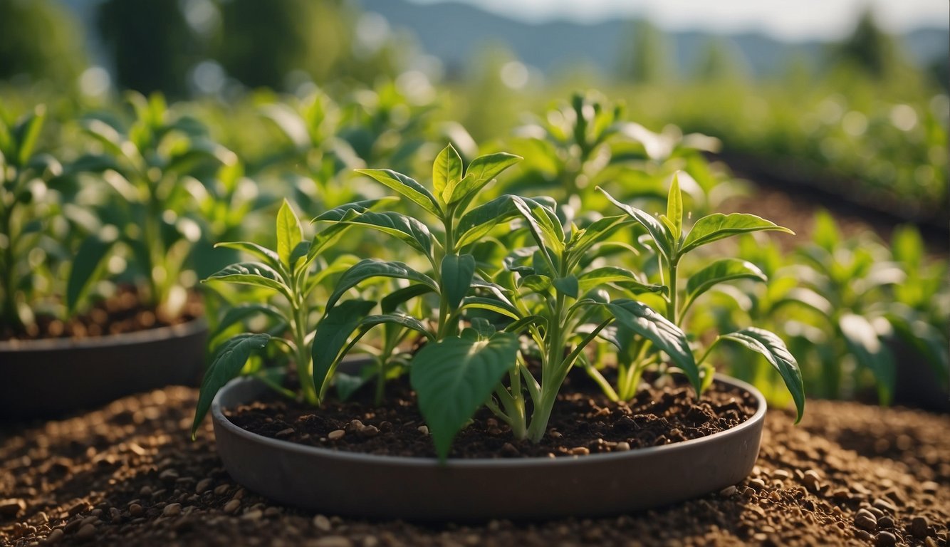 Pepper plants surrounded by natural pest deterrents and cultural symbols
