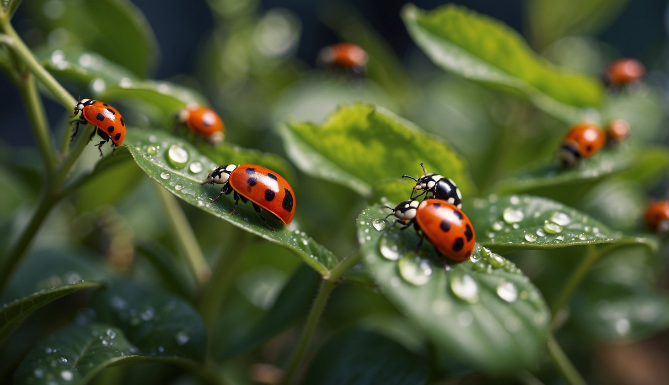 Pepper plants surrounded by ladybugs and sprayed with organic pesticide