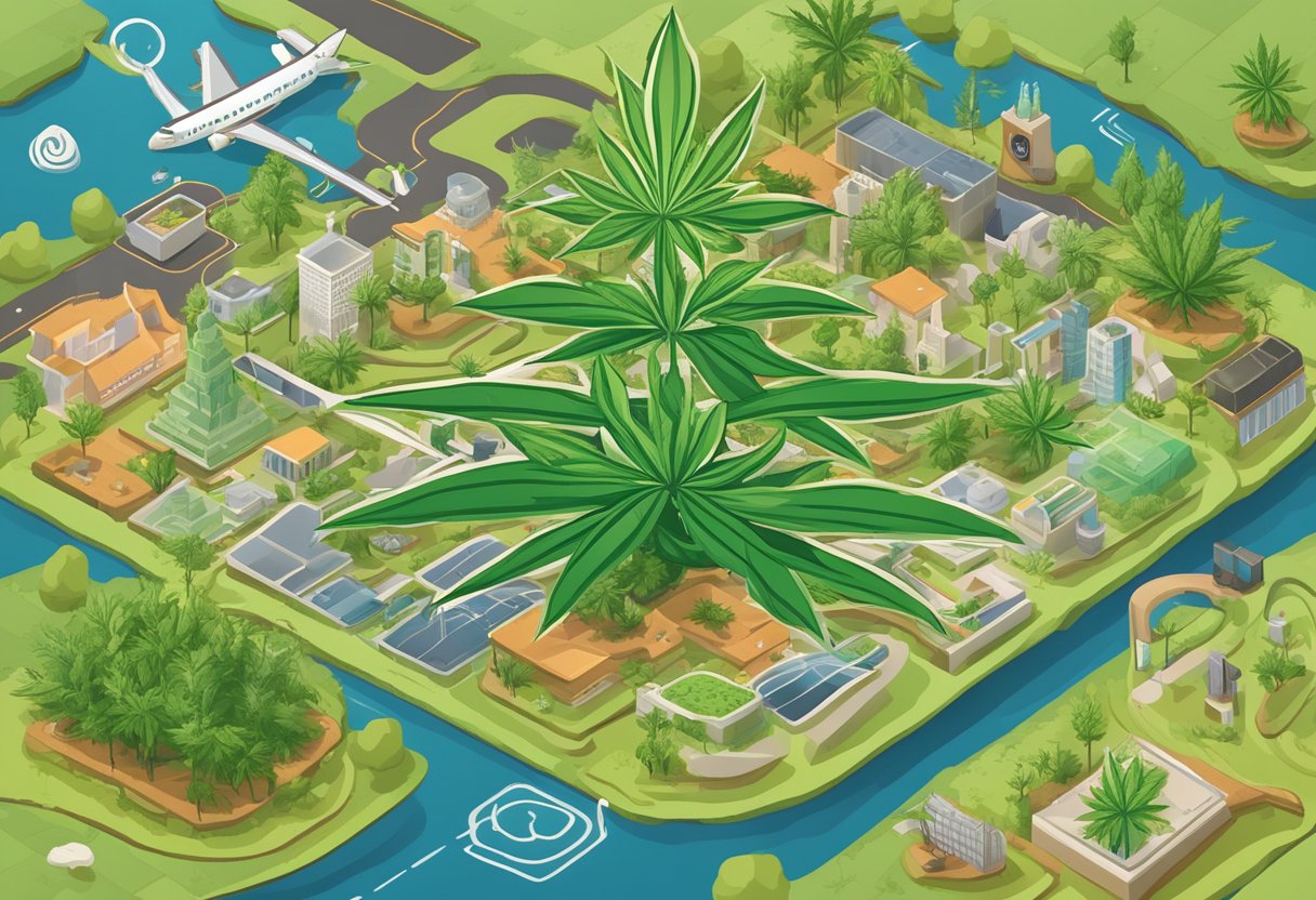 A cannabis plant growing with SEO keywords and links sprouting from the soil, surrounded by local landmarks and THC molecules