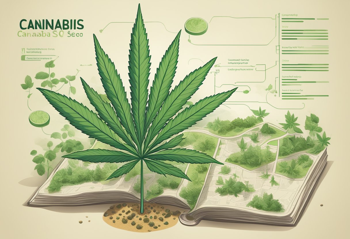 A cannabis plant growing tall with SEO keywords like "Cannabis SEO" and "THC SEO" sprouting from its leaves, while a map of local areas is overlaid on the soil below