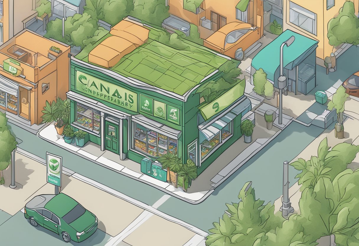 A storefront with a prominent "Cannabis Dispensary" sign, surrounded by local businesses. A map or GPS showing the dispensary's location in a search result