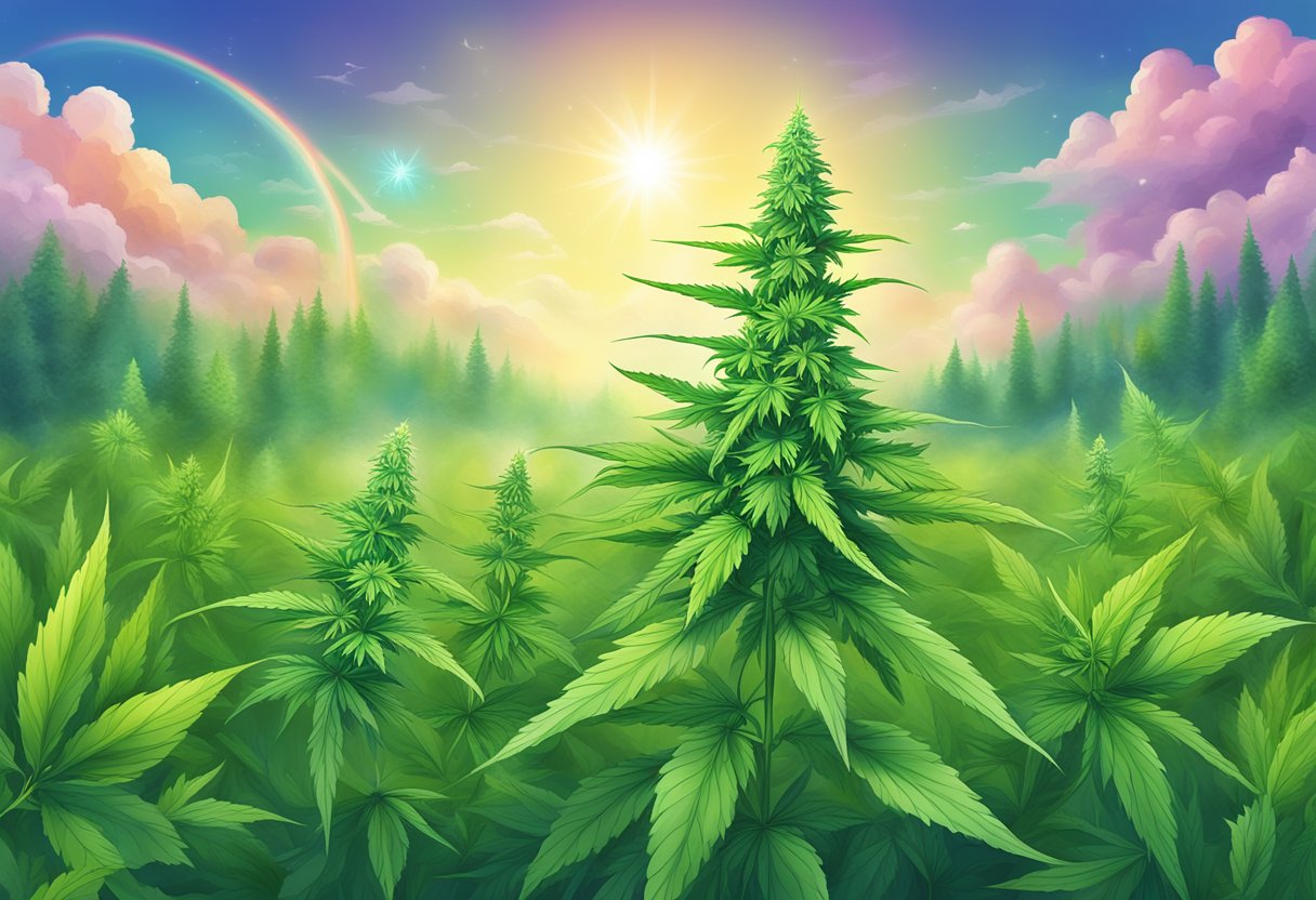 A cannabis plant growing tall in a vibrant green field, surrounded by keywords like "Cannabis SEO" and "THC SEO" floating in the air