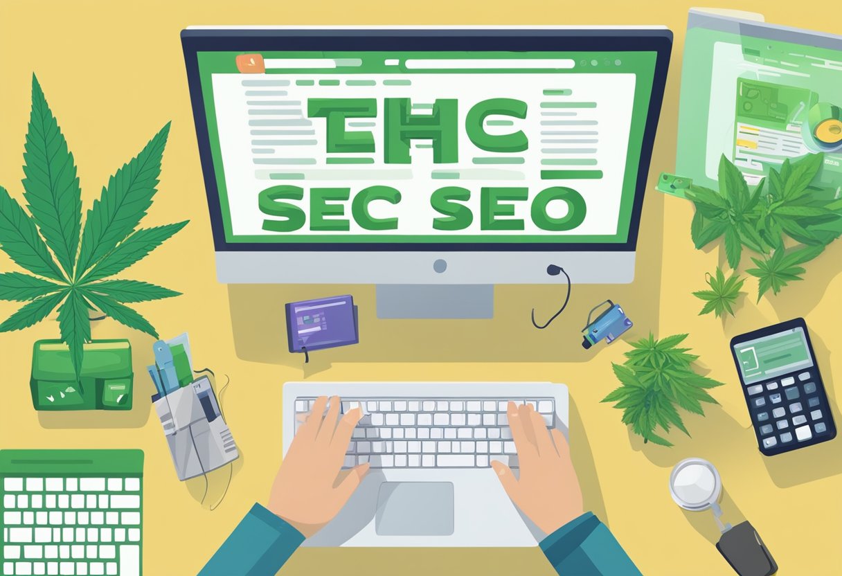 A computer screen displays a website with keywords "Cannabis SEO" and "THC SEO". A person is typing on a keyboard, surrounded by cannabis-related books and SEO tools