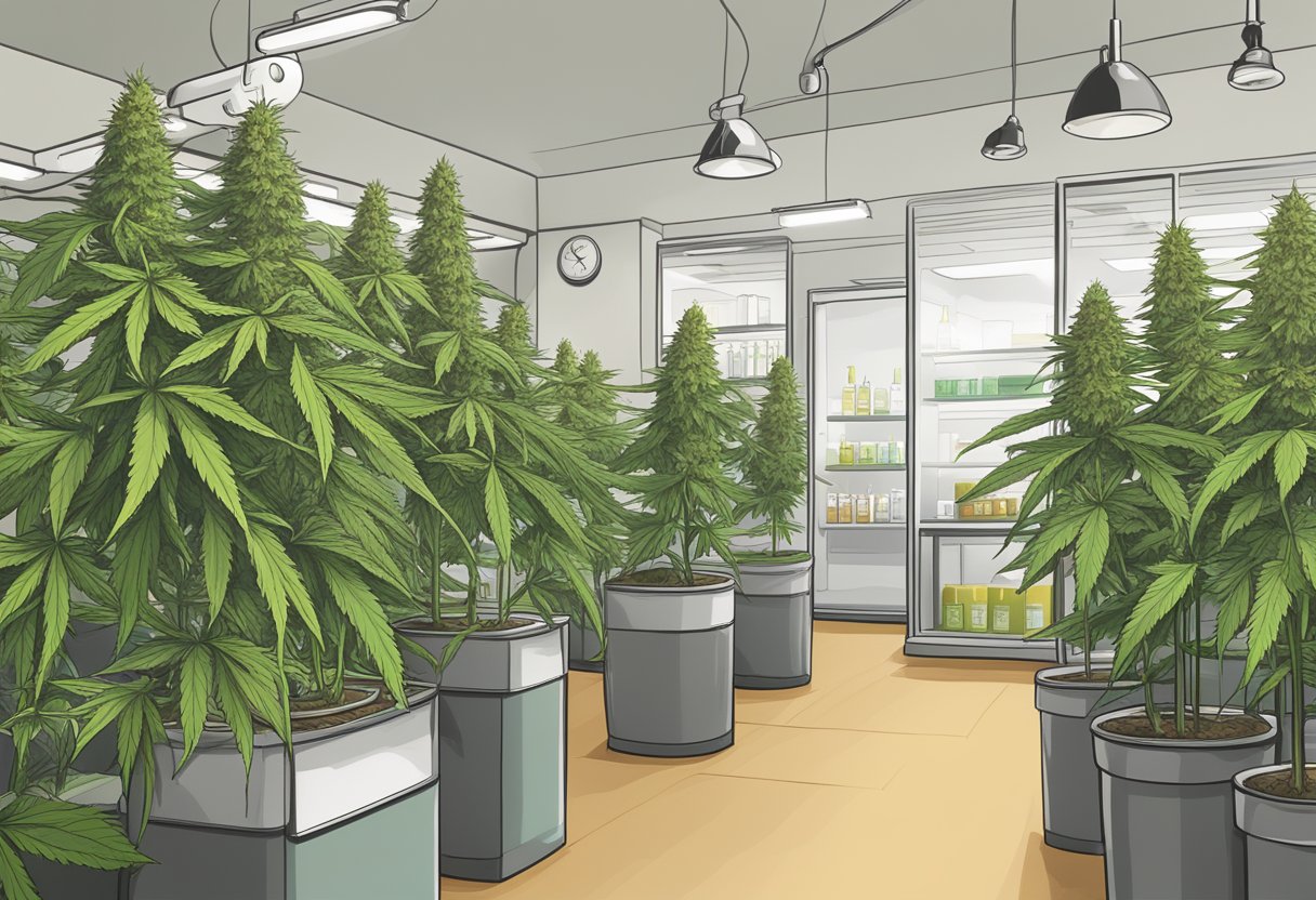 A cannabis plant growing in a local dispensary, with THC products displayed and a website showing on-page SEO best practices