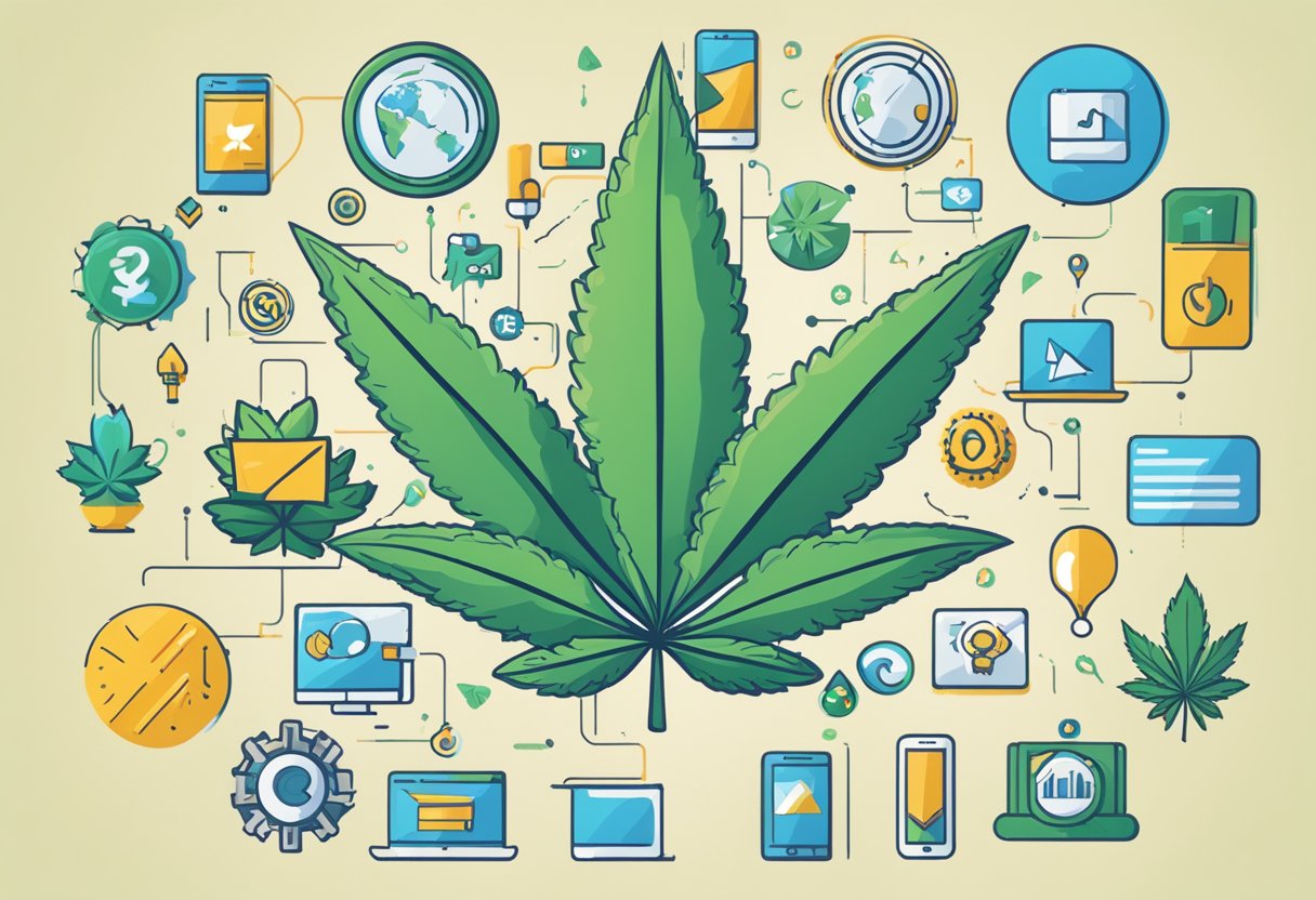 A cannabis leaf surrounded by digital marketing icons, including SEO, local SEO, and THC SEO