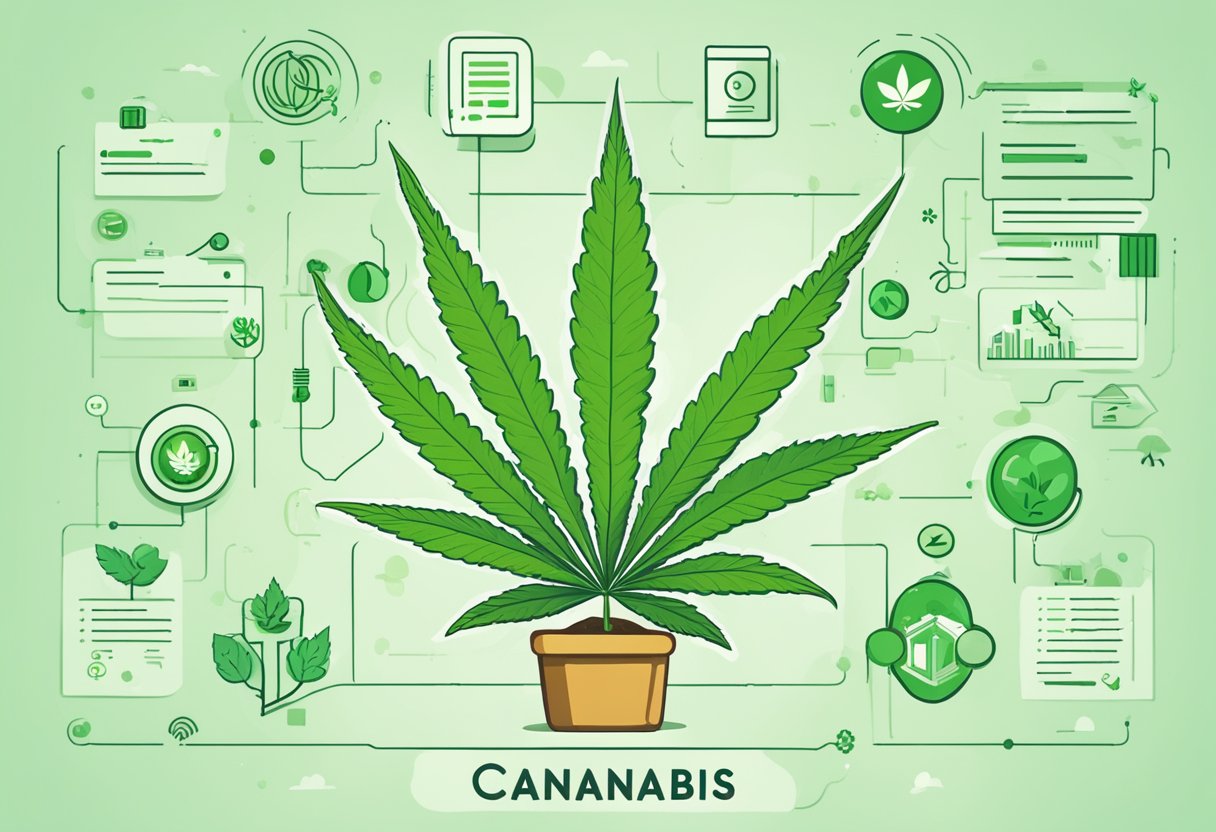 A cannabis plant growing tall with vibrant green leaves, surrounded by digital marketing icons and keywords like "Cannabis SEO" and "THC SEO"