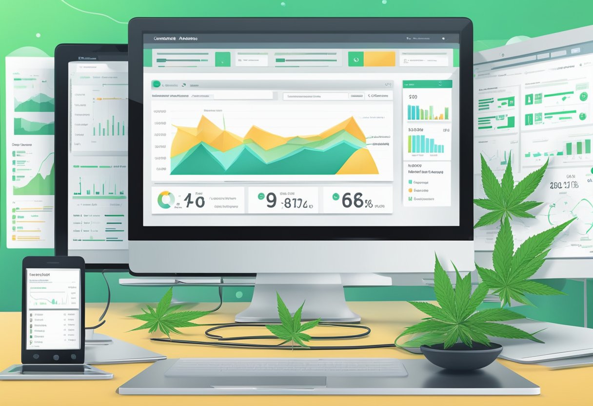 A computer screen displays analytics and SEO metrics related to cannabis, including local and THC SEO strategies