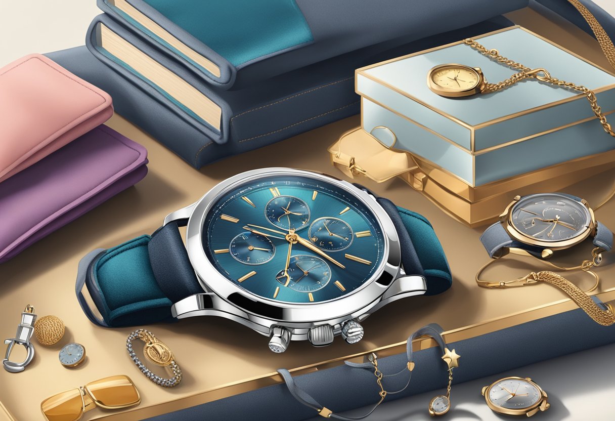 A sleek watch displayed on a velvet cushion, surrounded by various accessories and clothing items for different occasions