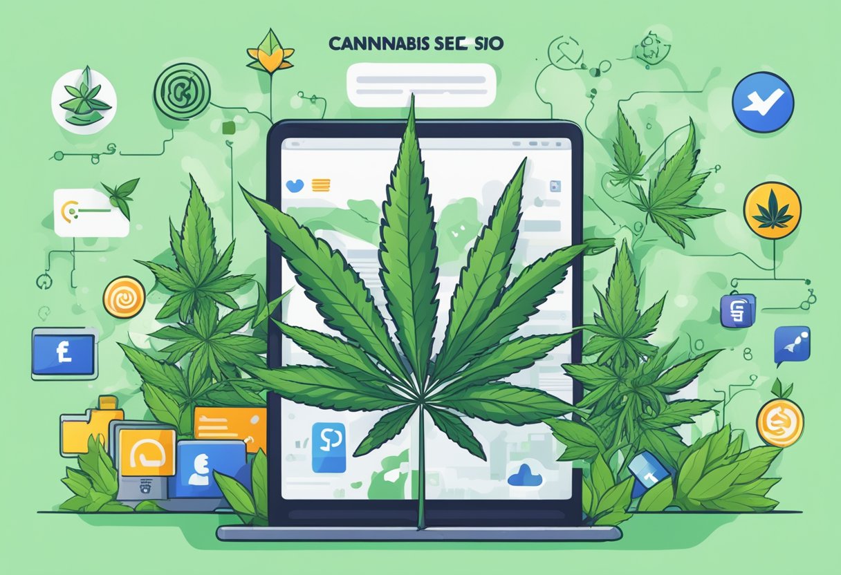 A cannabis plant growing tall, surrounded by social media logos and influencer symbols. Keywords like "Cannabis SEO" and "THC SEO" floating around