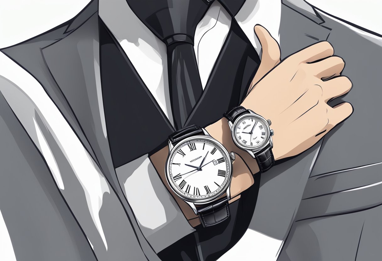 A formal event: A sleek, silver watch paired with a black leather strap, complementing a sharp suit and tie