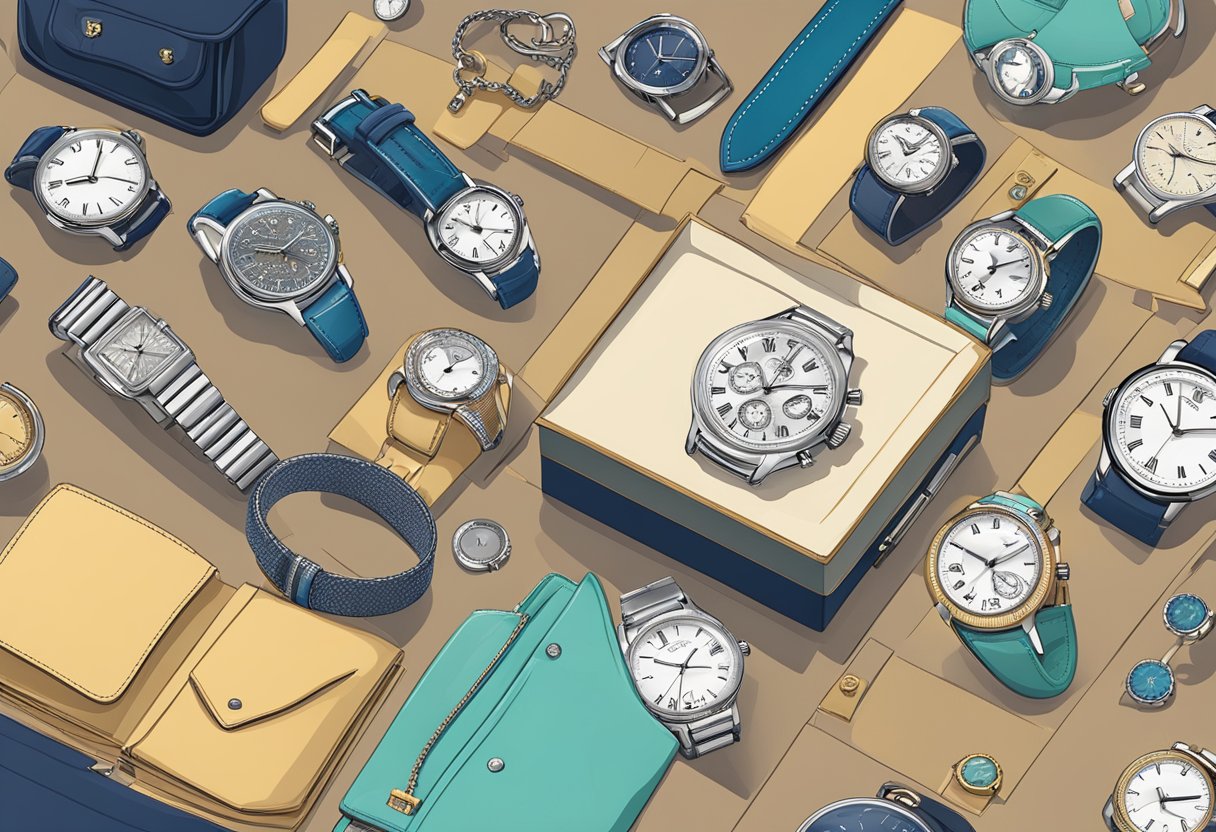 A table with a variety of watches displayed, alongside different outfits for various occasions