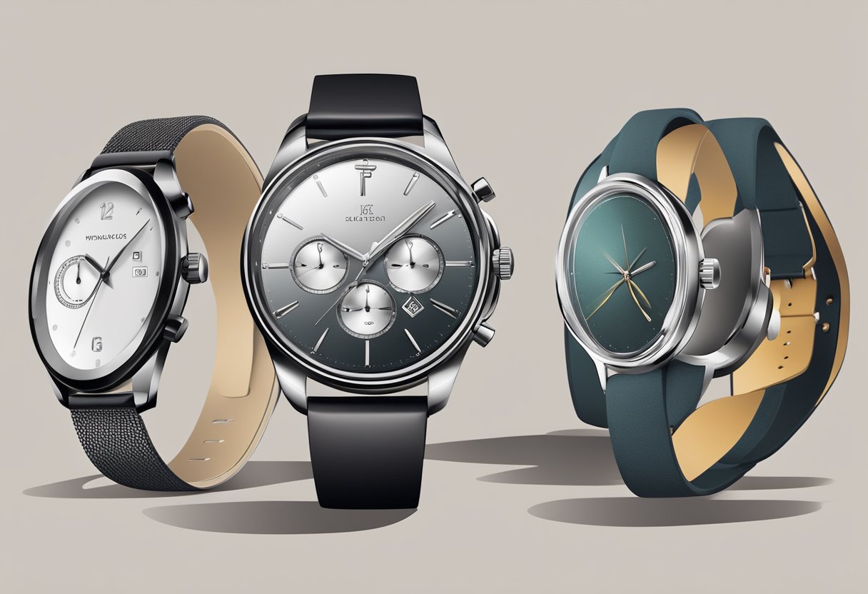 A sleek watch displayed next to various outfits for different occasions. The setting is a modern and stylish environment with clean lines and minimalistic decor