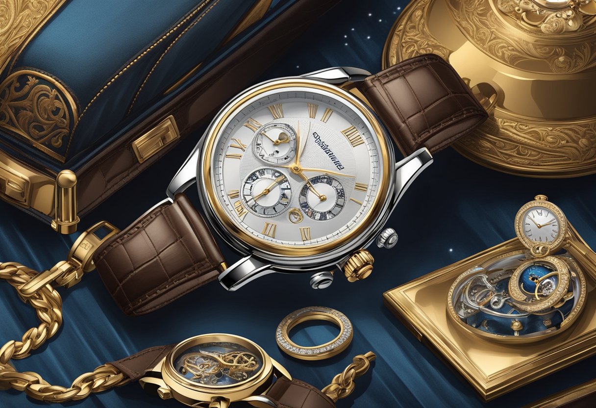 A wristwatch resting on a luxurious velvet pillow, surrounded by elegant timepieces in a sleek display case. A spotlight illuminates the centerpiece, highlighting its exquisite craftsmanship and timeless design