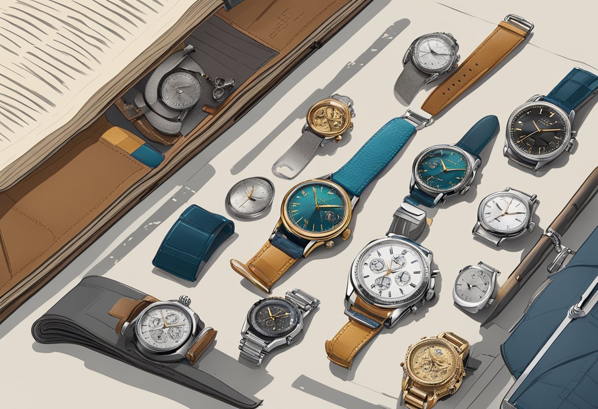 A table with a variety of watches displayed, some old and worn, others sleek and modern. A book titled "When to Upgrade: A Guide to Elevating Your Watch Game" sits open nearby