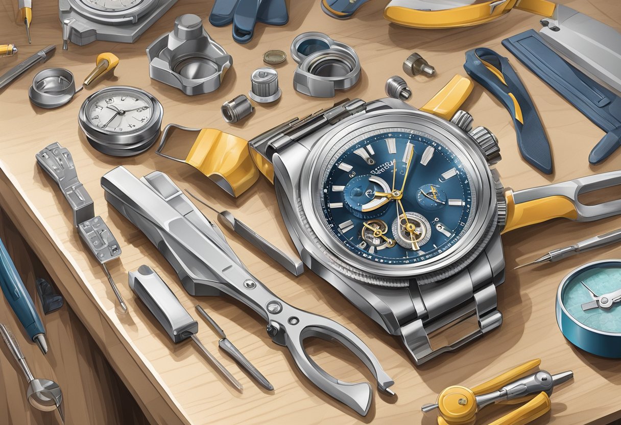 A watch being carefully opened and cleaned with precision tools on a clean, organized workbench