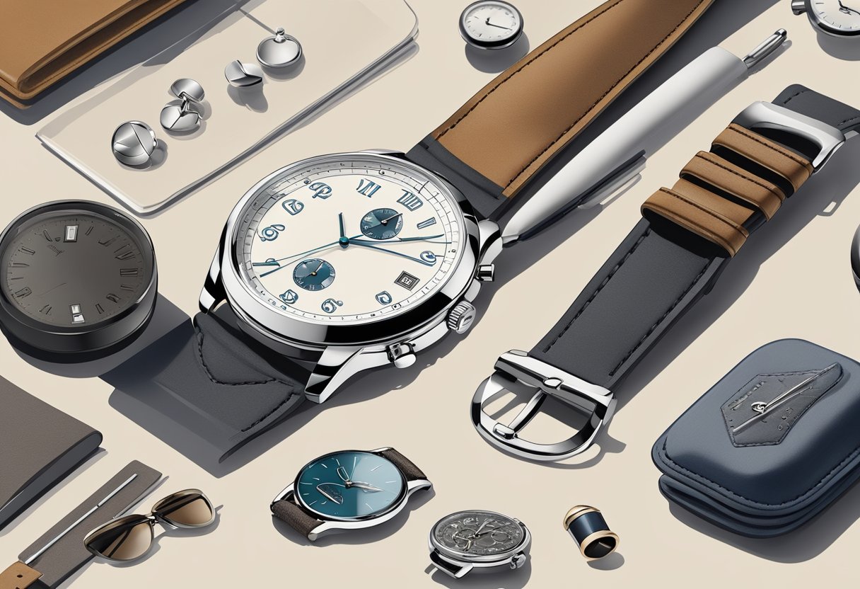 A watch laid out on a clean, modern surface with a selection of stylish accessories nearby, such as a leather strap and cufflinks