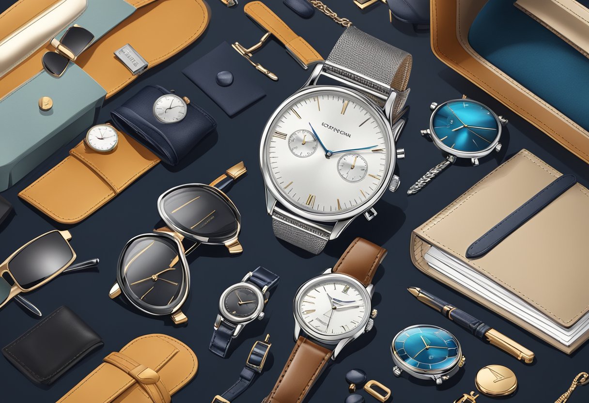 A sleek, modern watch resting on a velvet cushion, surrounded by a collection of stylish accessories like cufflinks, a leather wallet, and a pair of sunglasses