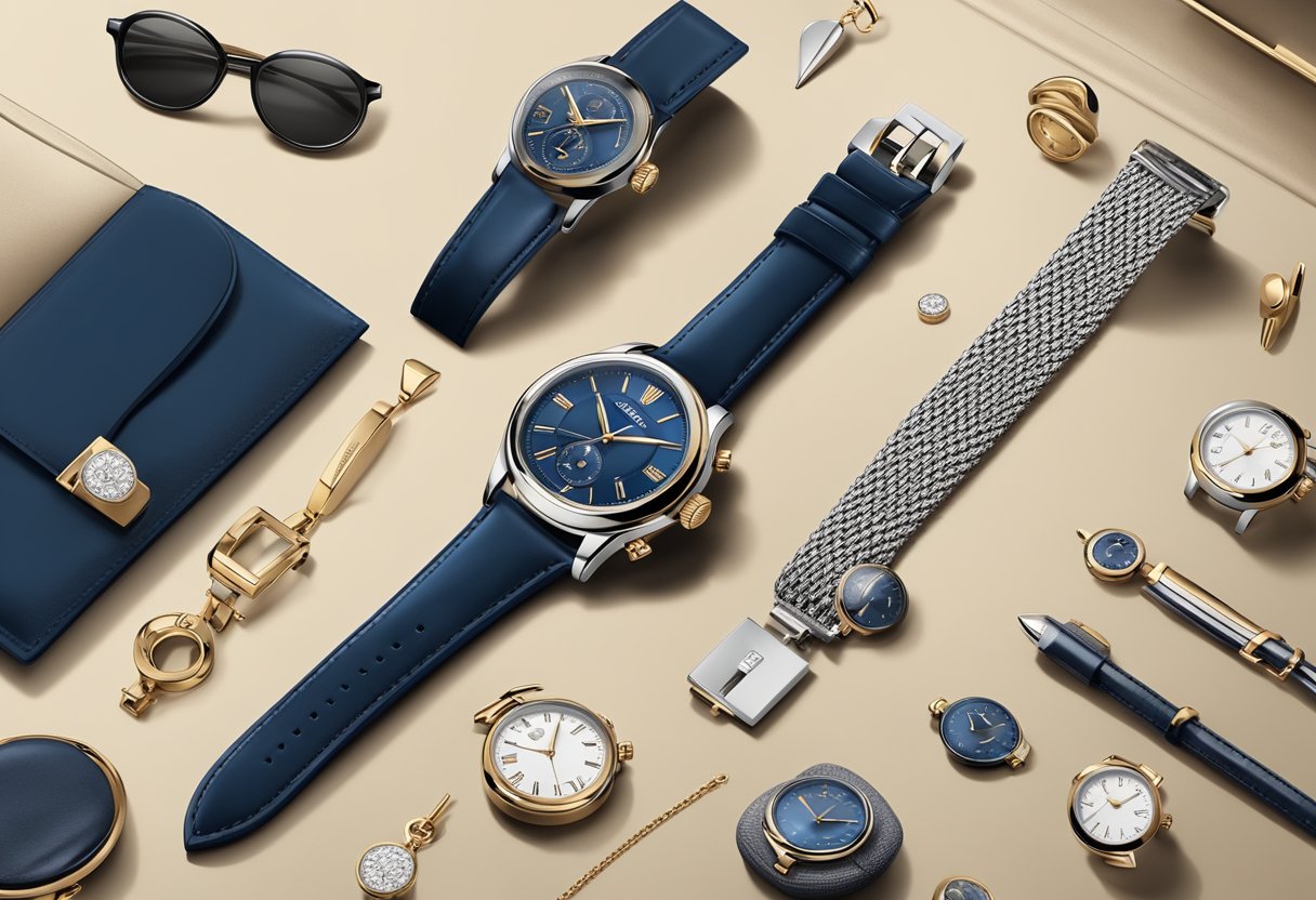 A sleek watch resting on a luxurious velvet cushion, surrounded by elegant accessories like cufflinks and a leather strap, exuding sophistication and effortless style