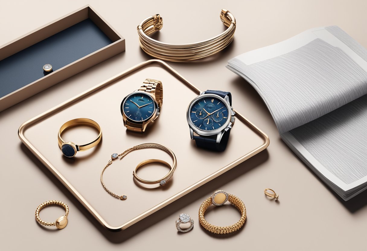 A watch laid out next to a stack of elegant bracelets and rings on a sleek, minimalist tray. A cup of coffee and a fashion magazine sit nearby