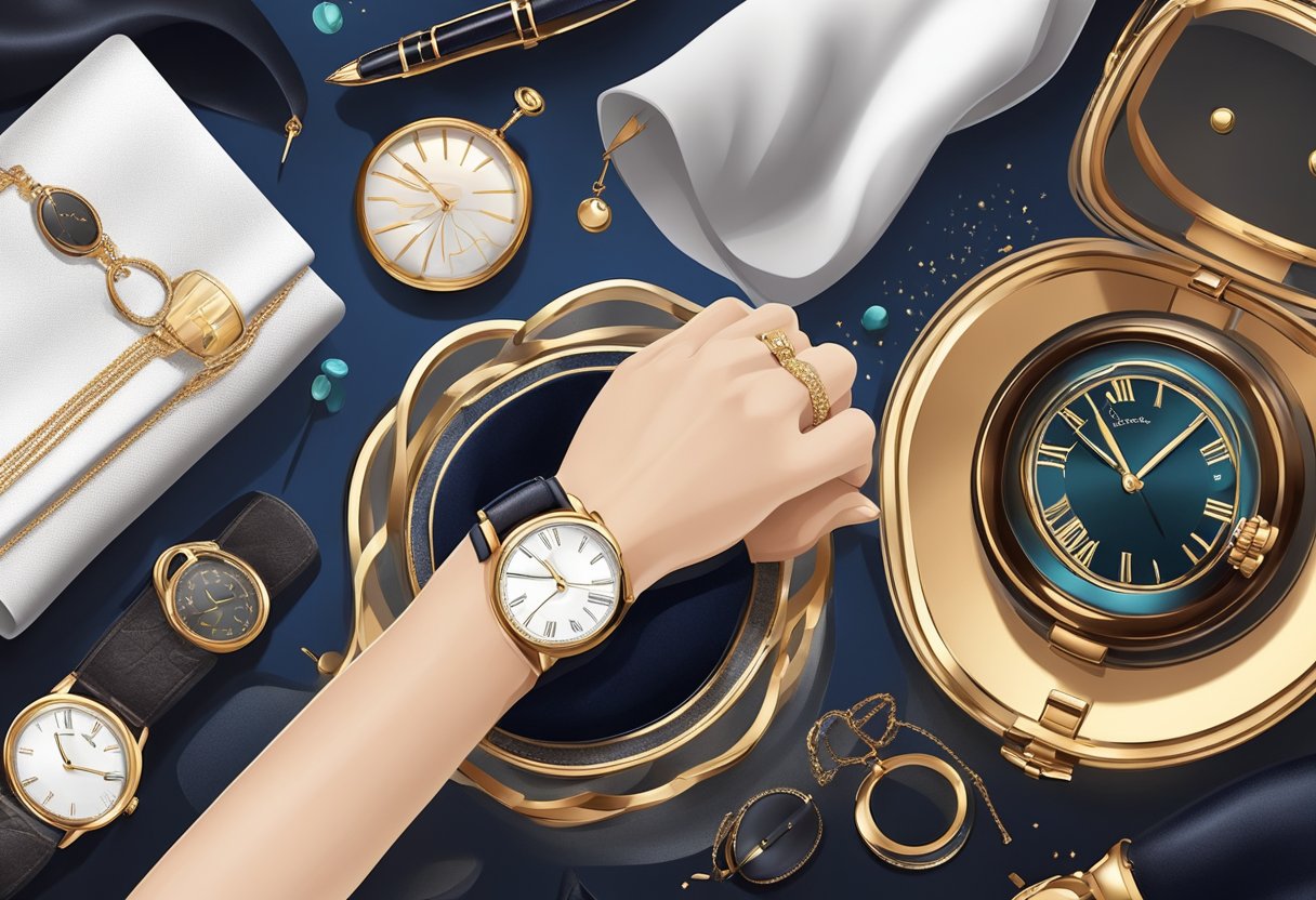 A hand with a stylish watch resting on a luxurious velvet cushion, surrounded by elegant accessories like a leather strap and a polishing cloth