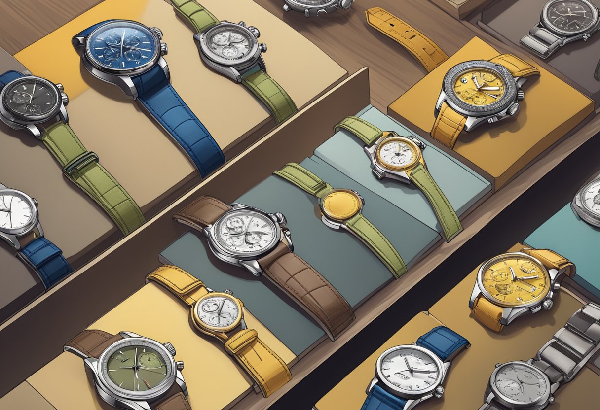 A table with various watch styles, colors, and materials displayed. A wardrobe in the background with different clothing options. Lighting highlights the watches