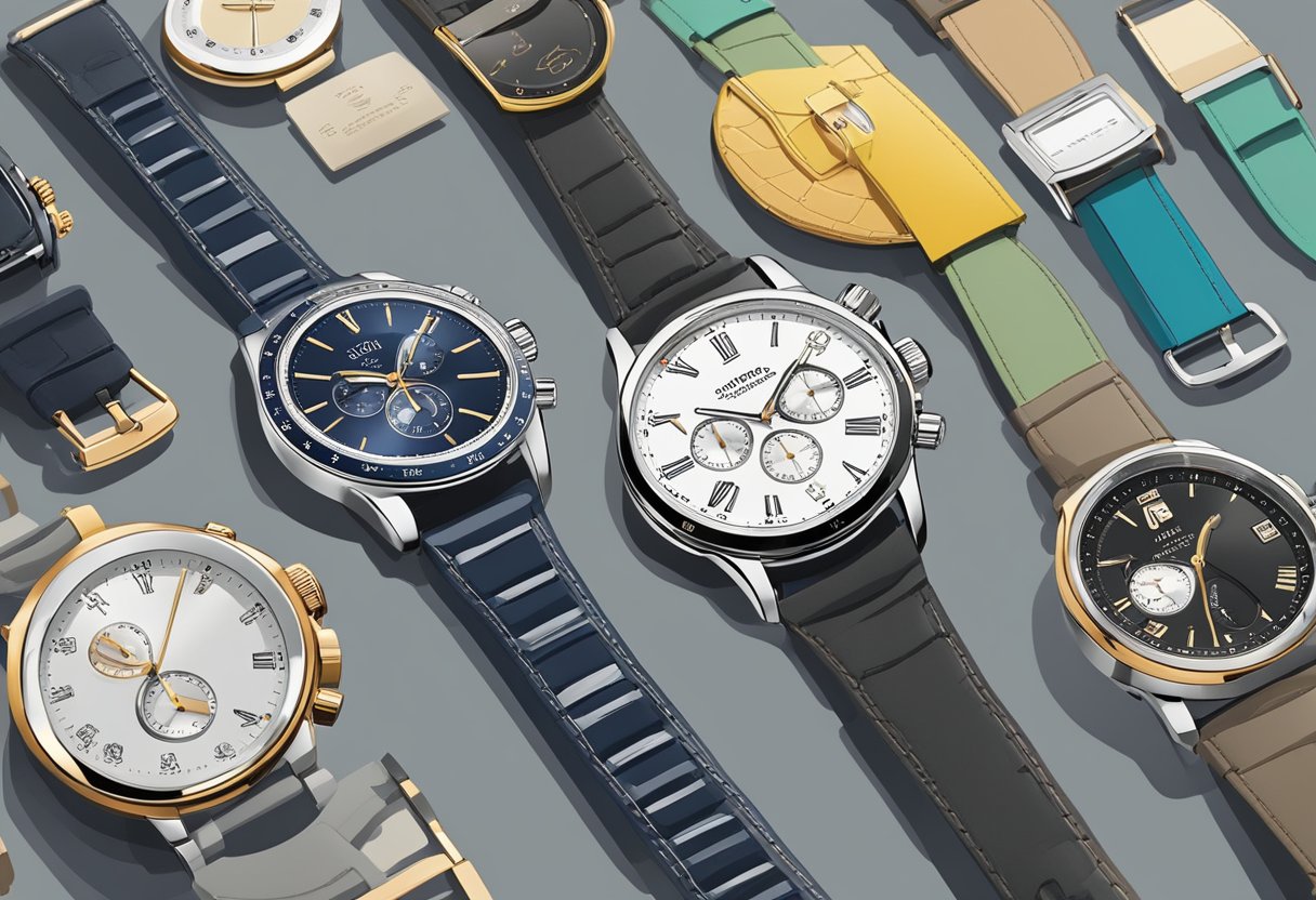 A variety of watches displayed on a clean, organized surface with labels indicating different watch types, such as dress, sports, and casual, to help readers understand how to choose the right watch for their wardrobe