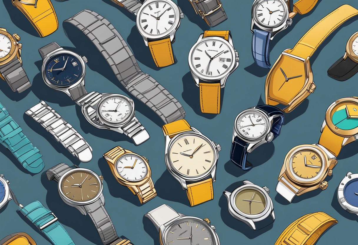 A collection of watches in various styles and colors, displayed on a sleek and modern watch stand, with a backdrop of stylish wardrobe items like suits, dresses, and casual attire